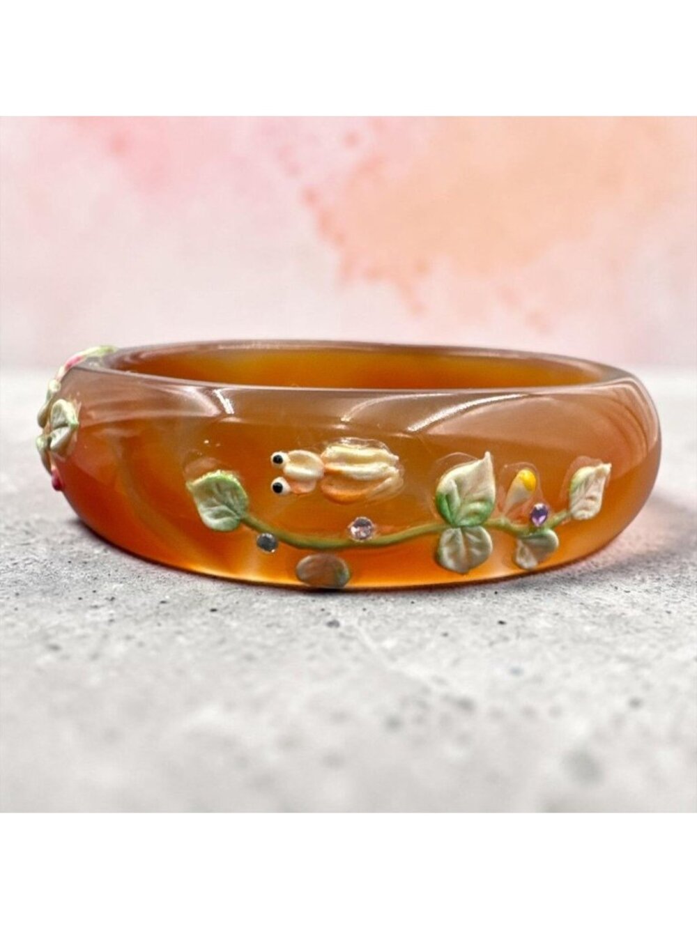 Vintage Orange Agate Bangle Bracelet with a 3D Hand-Painted Floral Motif & Rhine
